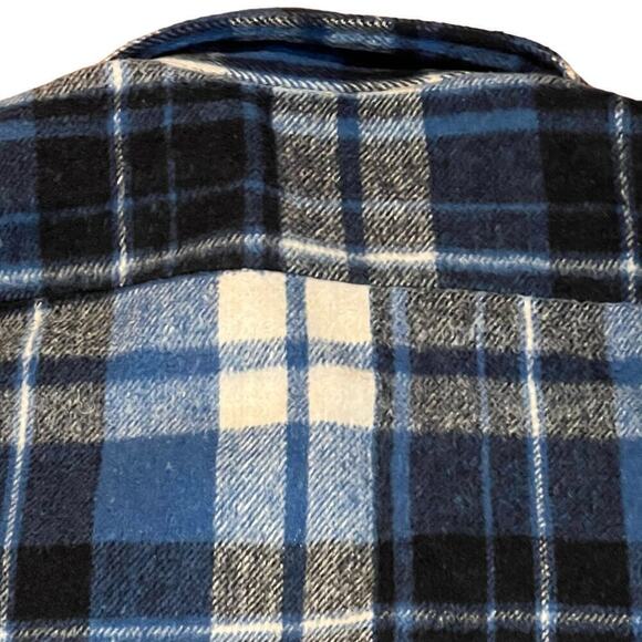 Vintage 70s Kings Road Loop Collar Wool Flannel Shirt Blue Plaid Sears Sz Large - Picture 4 of 8